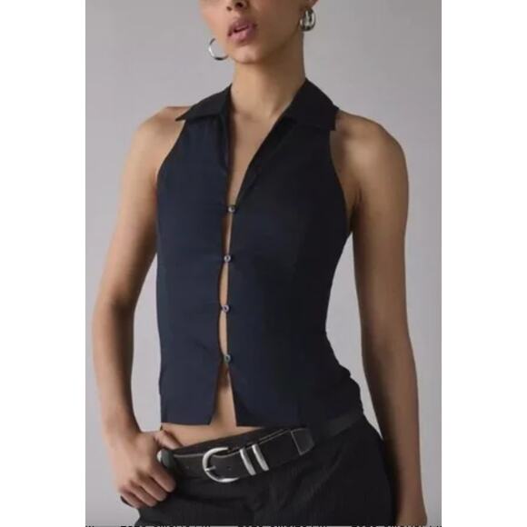 NWT Urban Outfitters Party Girl Button Down Sleeveless Shirt Black, Sz XL - Picture 1 of 4